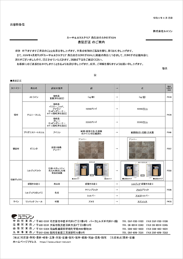 カタログ表記訂正のご案内