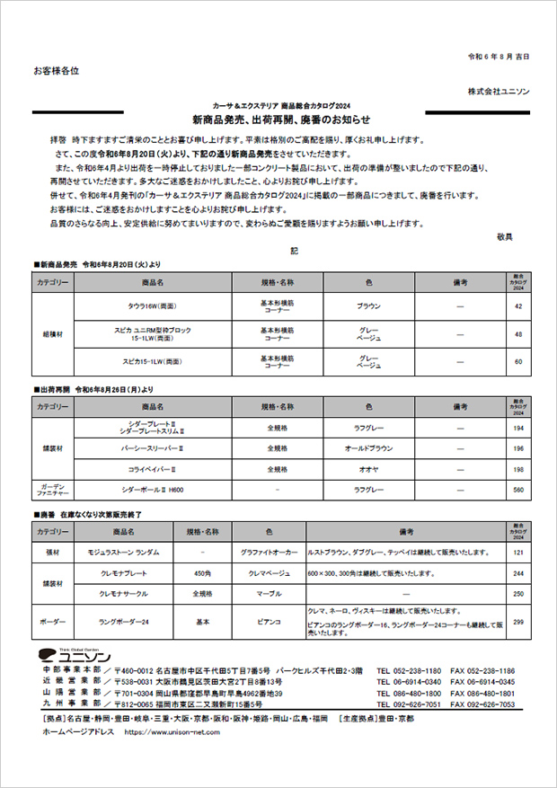 新商品発売・一部商品の仕様変更、廃番等のお知らせ