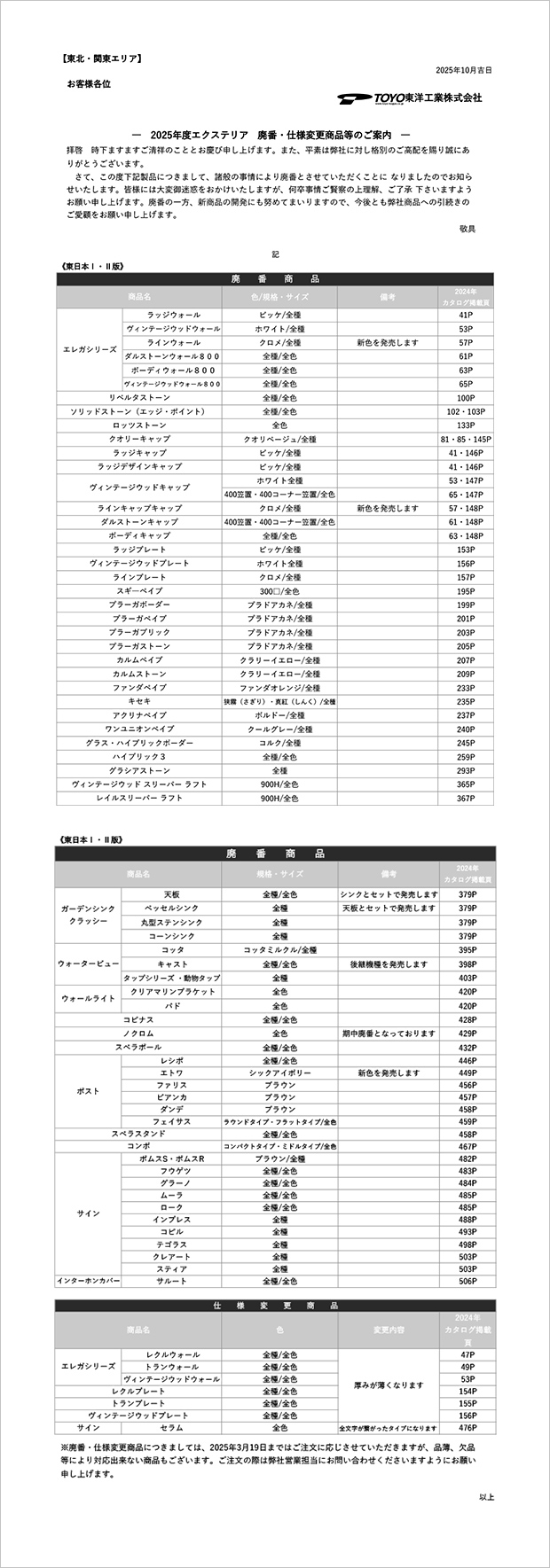 廃番・仕様変更商品等のご案内