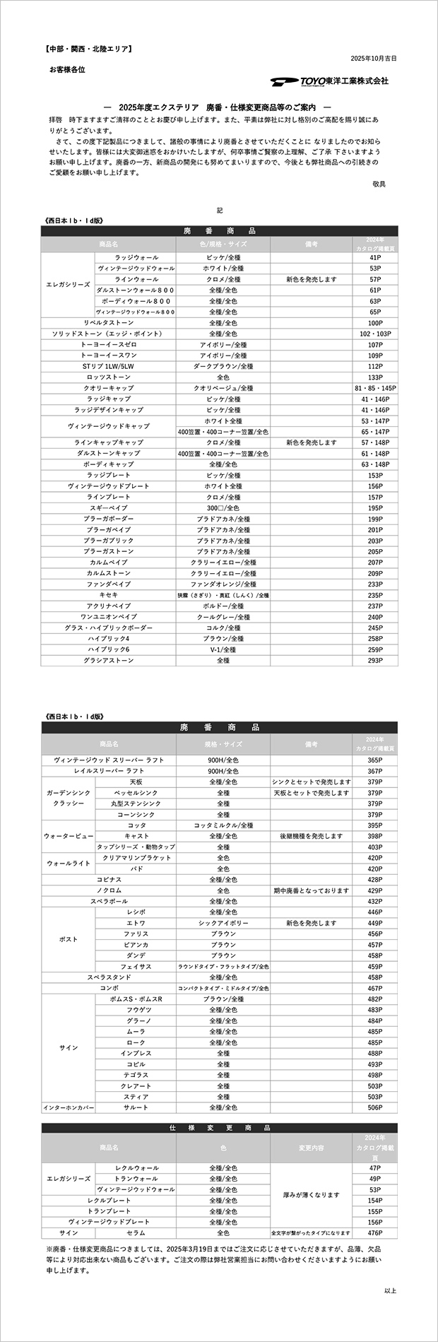 廃番・仕様変更商品等のご案内