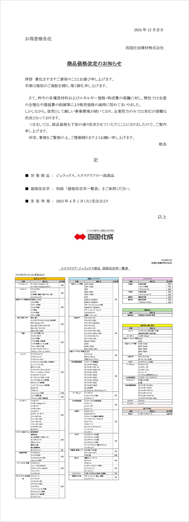 一部商品価格改定のお知らせ