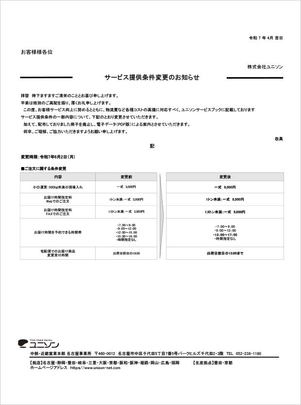サービス提供条件変更のお知らせ