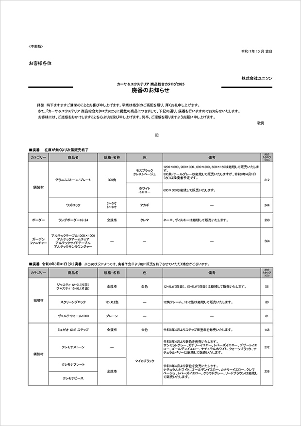 東海地区 商品の廃番のお知らせ