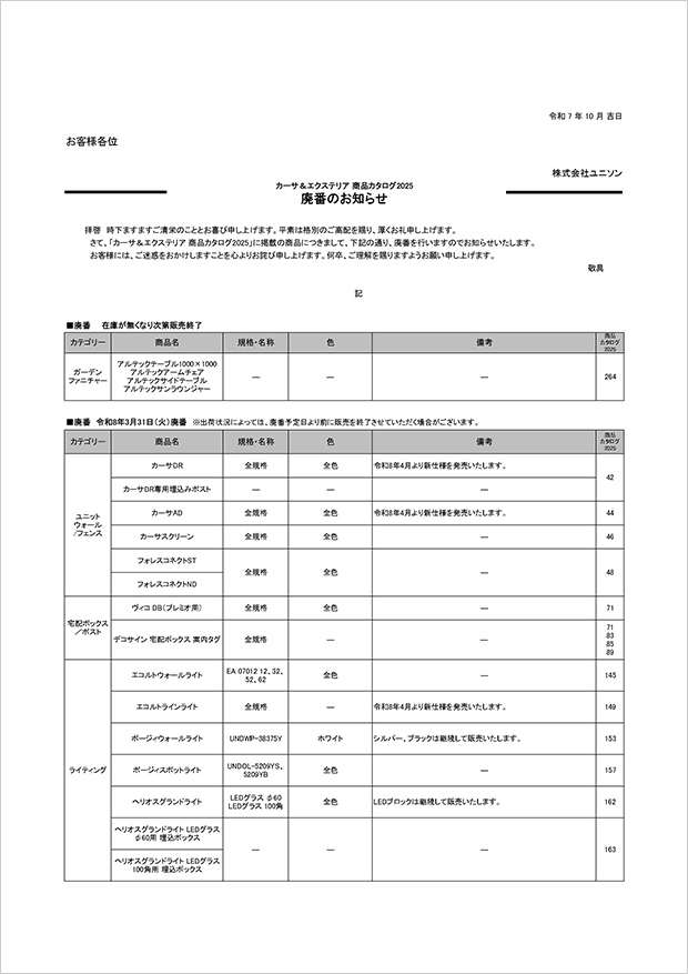 関東地区 商品の廃番のお知らせ