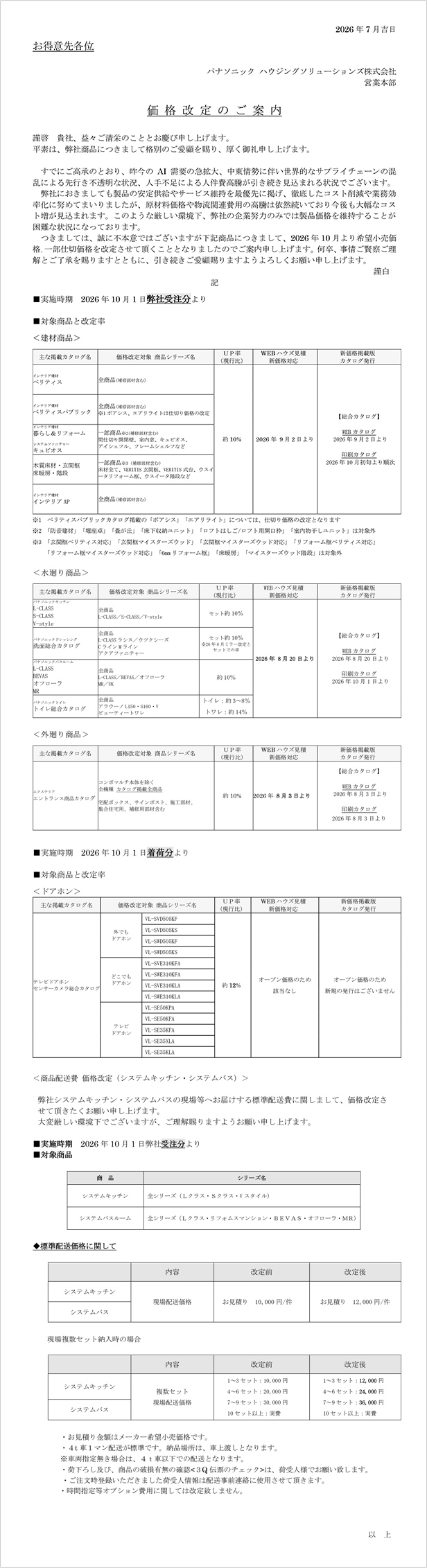 価格改定のご案内